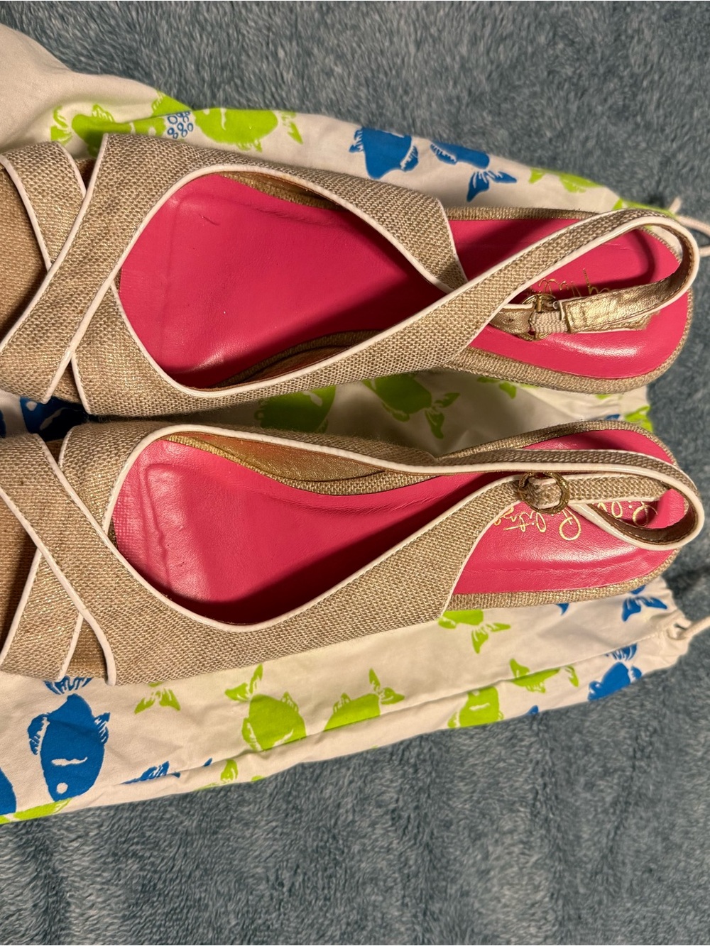 Lilly Pulitzer Beige Linen Slingback Wedges with Pink Insole